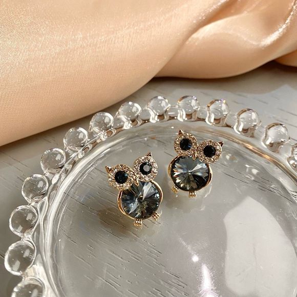 Blue Grey Crystal Owl Gold Earrings - Picture 2 of 5